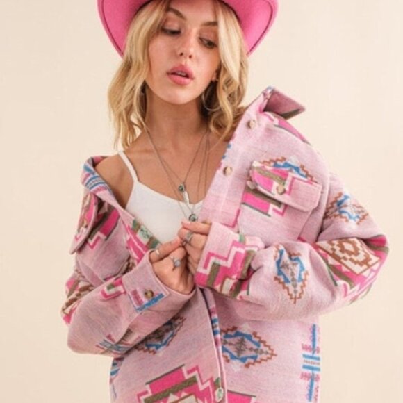 Jacquard Aztec Chest Pocket Front Loose Button Up Shirt Jacket/Shacket! - Picture 3 of 6